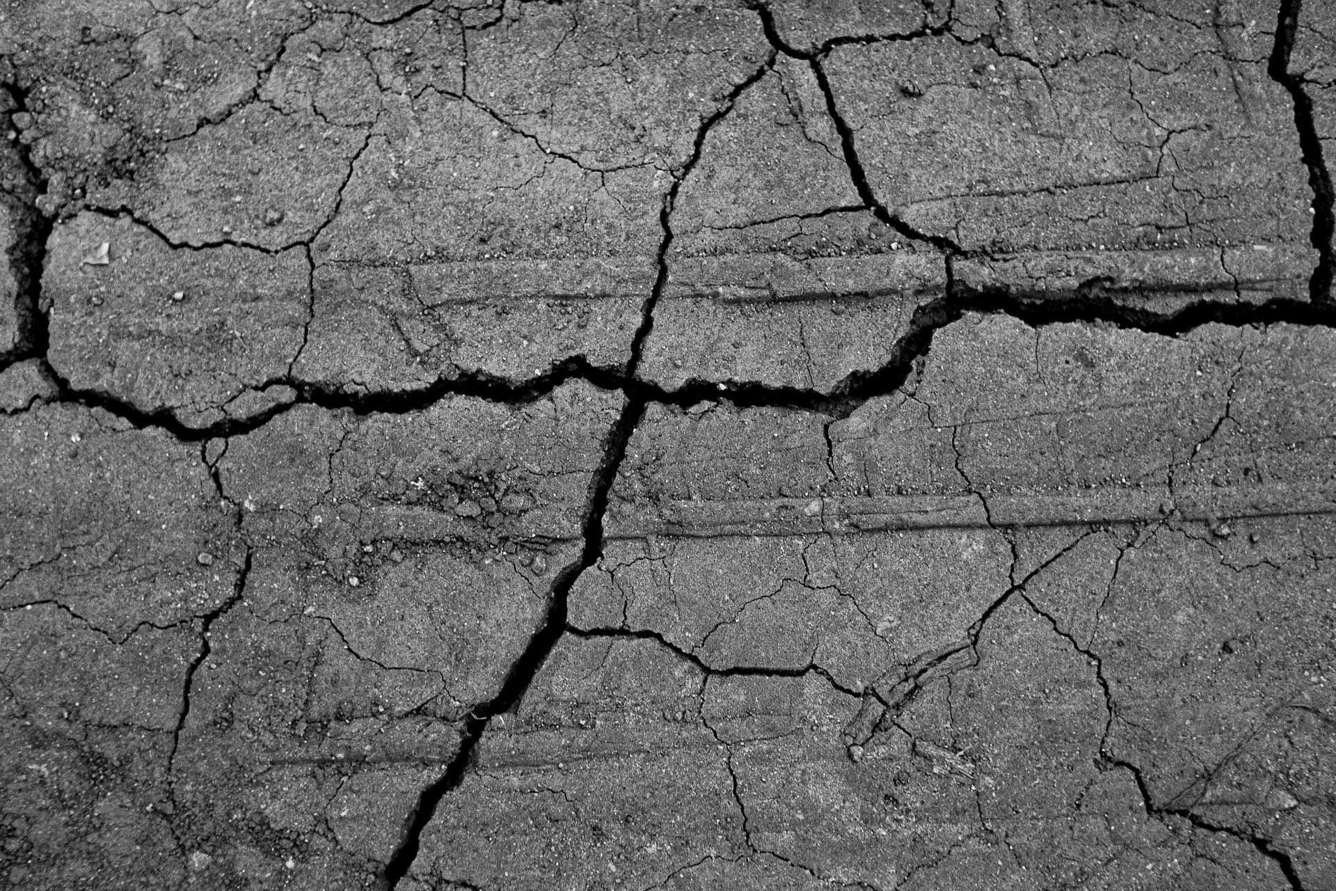 Black and white image of cracked earth surface, ideal for backgrounds or textures.